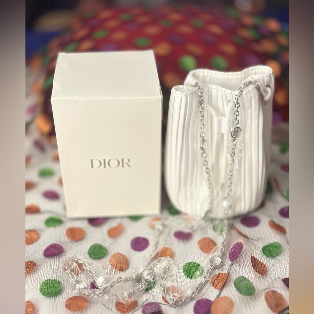 Dior White Pleated Drawstring Pouch w/ Add on Silver & Rhinestone Chain GWP NWB